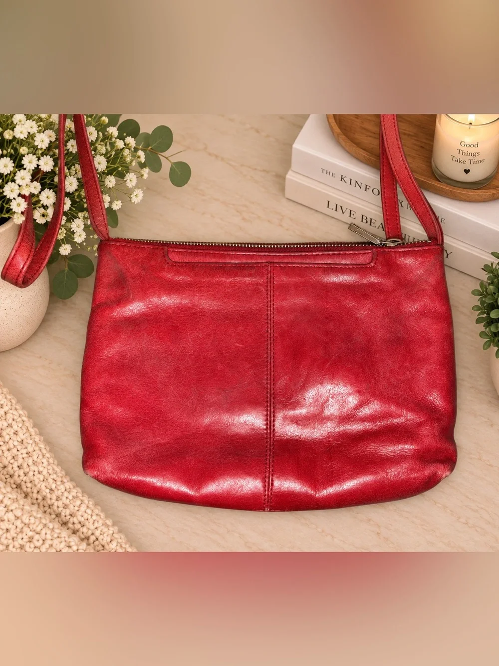 HOBO The Original Red Leather Crossbody Bag Double Zip Organizer